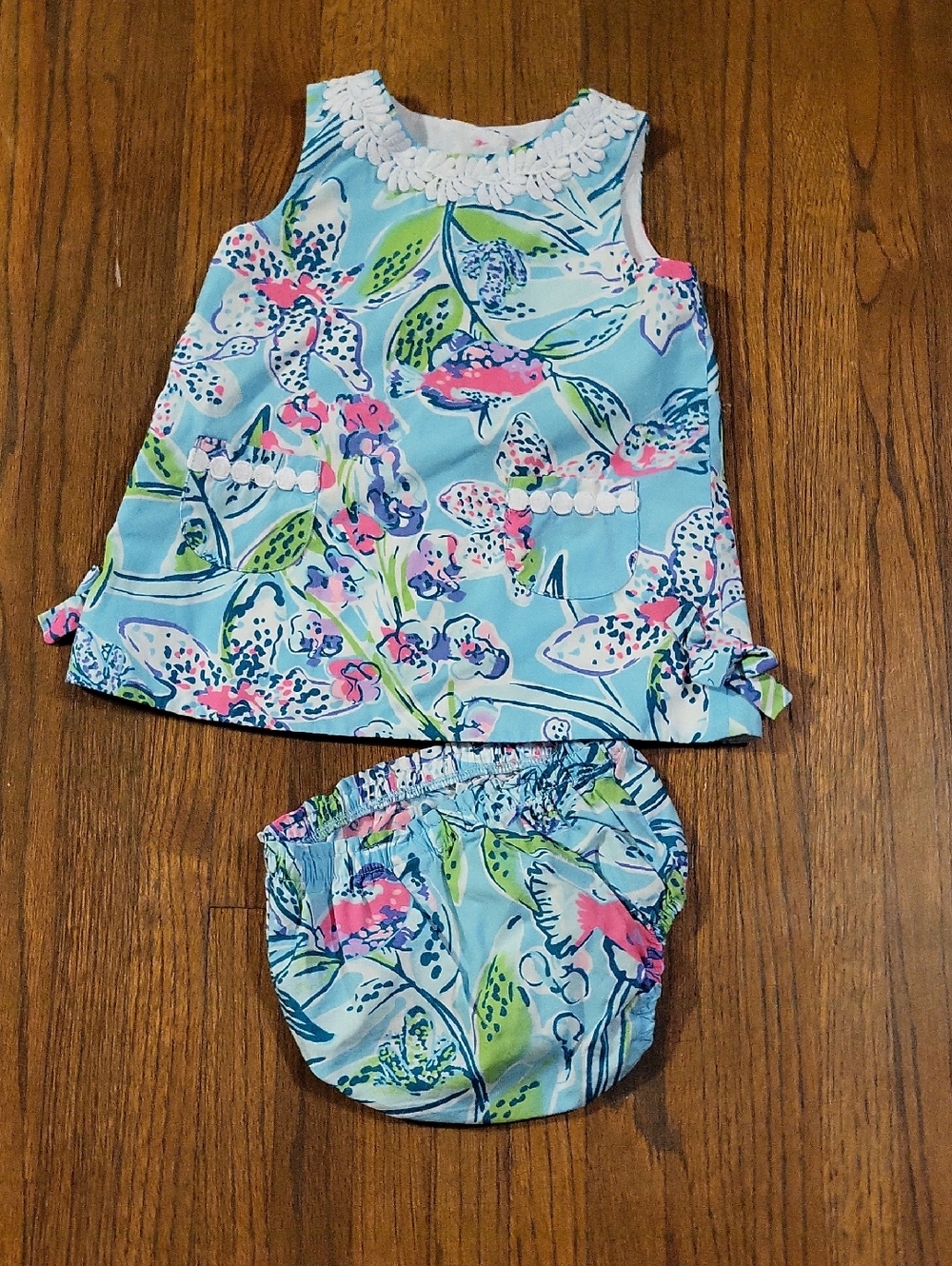Lilly Pulitzer Blue Floral Dress with White Trim And Diaper Cover